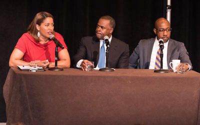 During an interfaith discussion at the CCAR convention in Atlanta, Mayor Kasim Reed is flanked by two pastors from Ebenezer Baptist Church, the Rev. Natosha Reid Rice and the Rev. Raphael Warnock