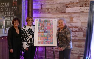Big Reveal chair Janis Greenfield and Breast Strokes co-chairs Linda Hendelberg and Linda Weinroth stand with a poster of this year’s art.