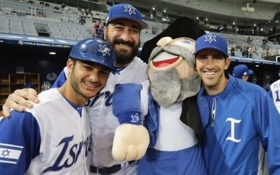 The Mensch on a Bench helps Team Israel celebrate its first-round success in the World Baseball Classic.