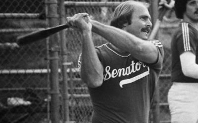 Ron Blomberg, whose autobiography is titled “Designated Hebrew,” takes a swing while playing for Benator’s Senators in the early 1980s in the Atlanta city softball league.