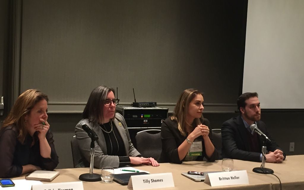 From left) Natan Fund Executive Director Felicia Herman, University of Michigan Hillel Executive Director Tilly Shames, ADL Director of Technology and Society Brittan Heller and Tablet senior writer Yair Rosenberg discuss contemporary anti-Semitism at the JFN conference March 20 at the Grand Hyatt Buckhead