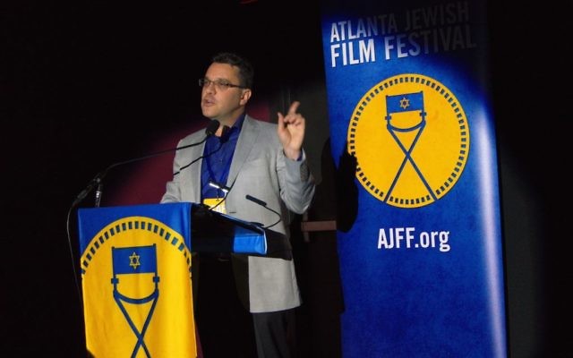 Festival Executive Director Kenny Blank speaks at the May 11 screening of “The Wedding Plan,” an Israeli comedy that kicked off the AJFF Selects series. (Photo by Duane Stork)