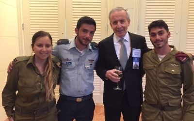 Atlanta physician Nathan Mordel spends time with three Israeli soldiers at the gala: Lt. Ofir Asulin, Maj. Barak Ganot, and Sgt. Eitan, a lone soldier from Miami who is a paratrooper.