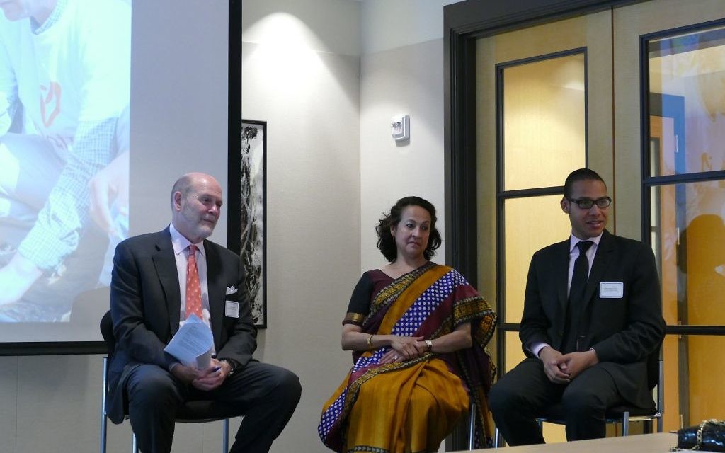 Retired U.S. State Department 
Steven J. White (left), a former State Department official, India’s Maina Chawla Singh and Israel’s Shimon Mercer-Wood discuss the India-Israel relationship.