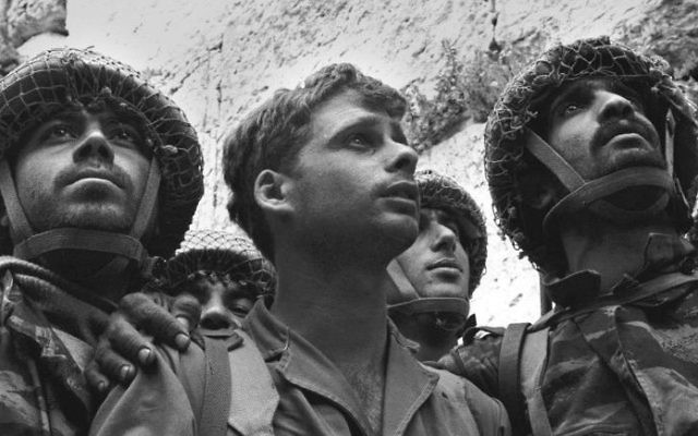Photo by David Rubinger, Israeli Government Press Office
In the most famous photo of the Six-Day War, Israeli paratroopers (from left) Zion Karasenti, Yitzhak Yifat and Haim Oshri stand in front of the Western Wall shortly after its liberation June 7, 1967.