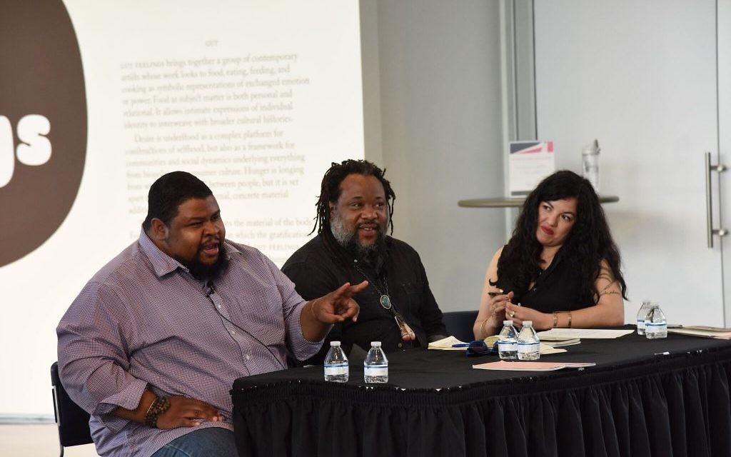 Michael Twitty (left), food writer Von Diaz and visual artist Michi Meko sit on the “Listen to Your Gut” panel April 19.