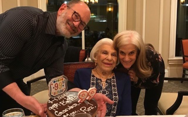 Helping Roz Klarman celebrate her 99th birthday are her son, David Klarman of Dunwoody, and her daughter, Ellen Klarman Ackerman, who lives in Los Angeles.