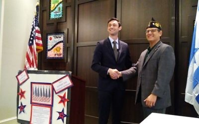 Jewish War Veterans Post 112 commander Robert Max thanks Jon Ossoff for speaking to the group May 21.