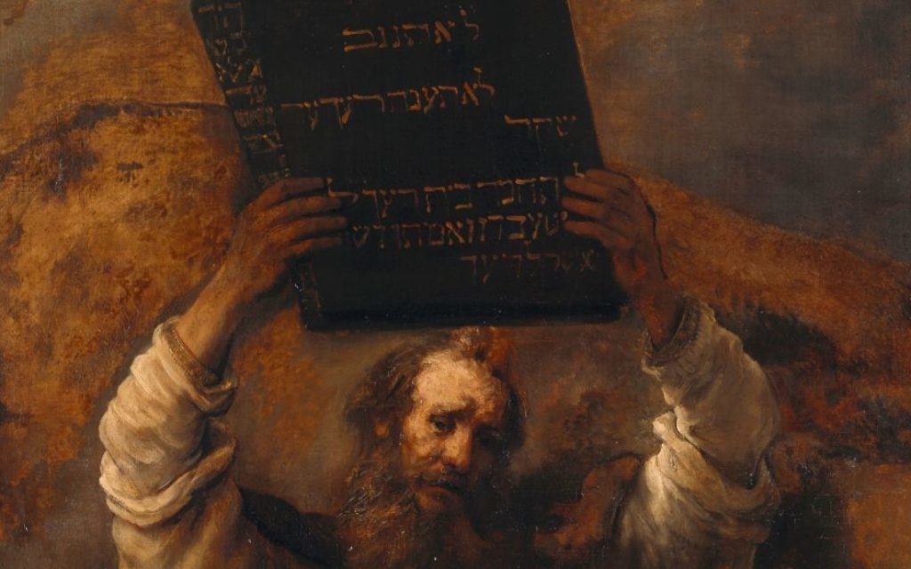 This is a detail from Rembrandt's depiction of Moses with the Ten Commandments -- and his hands up.
