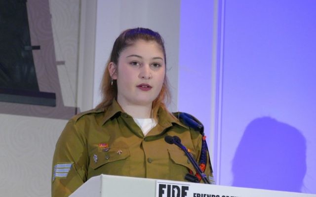 IDF Sgt. Emma Browne speaks at the FIDF commemoration of the Six-Day War on June 12.