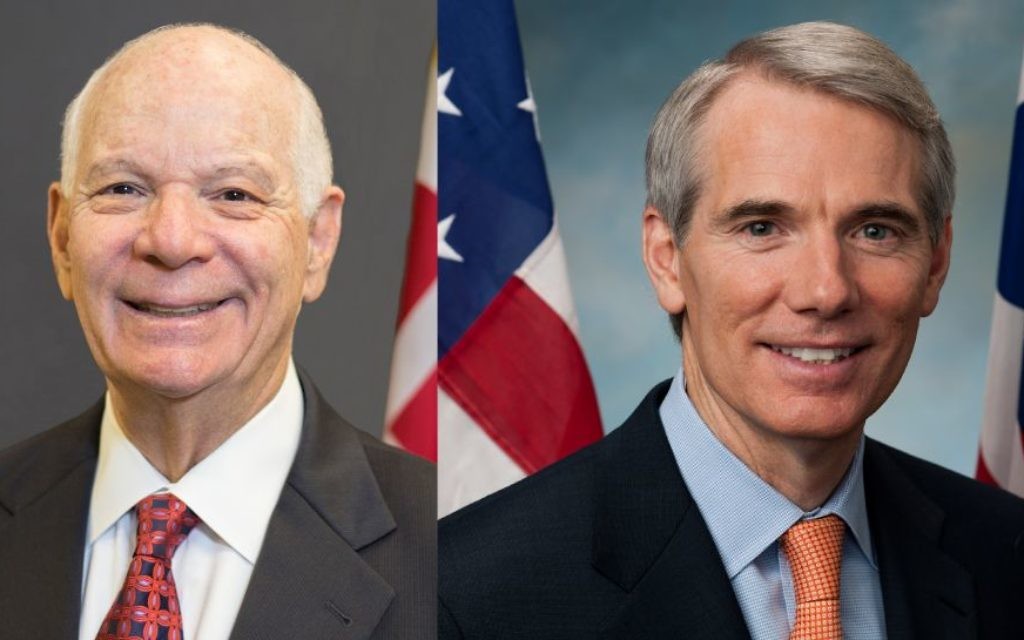 Sens. Ben Cardin (D-Md., left) and Rob Portman (R-Ohio) are the lead sponsors of the proposed Israel Anti-Boycott Act.