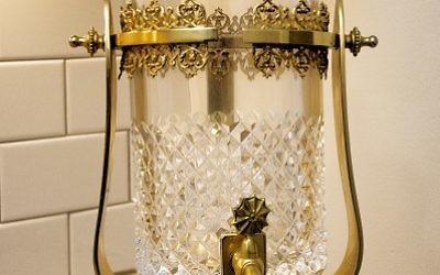 Carole Salzberg’s grandfather, a goldsmith/artisan in Fez, Morocco, crafted this delicate gold-and-crystal whiskey fountain.
