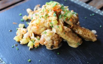 Venerable Canoe gets creative with Pimento Cheese Chicken Wings With Green Strawberry Kimchi.