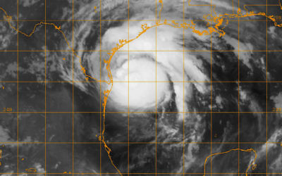An infrared satellite image of Hurricane Harvey on Aug. 25, via the U.S. Navy.