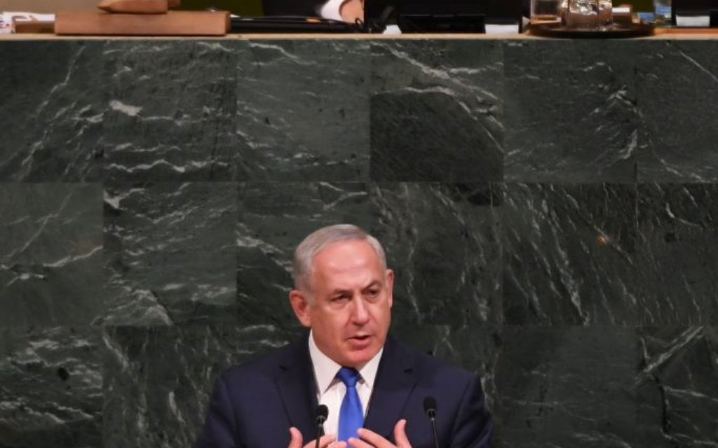Israeli Prime Minister Benjamin Netanyahu on Sept. 19 addresses the U.N. General Assembly, presided over by Israeli Ambassador Danny Danon.
Photo by Shahar Azran