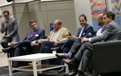 Speaking to the Collective crowd Aug. 30 are the leaders of five of the most important nonprofits in Jewish Atlanta: (from left) Rabbi Peter Berg, Eric Robbins, Rick Aranson, Jared Powers and Harley Tabak.