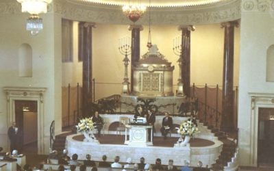 The Temple celebrates its centennial with a Sunday service April 23, 1967. Rabbi Jacob Rothschild is seated on the left, and Rabbi Richard J. Lehrman is on the right. (The Temple Records, Cuba Family Archive, Breman Museum)