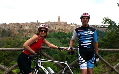 Debra and David Levinson take a break from a bike ride near the medieval village of Pitigliano, known as Little Jerusalem.
