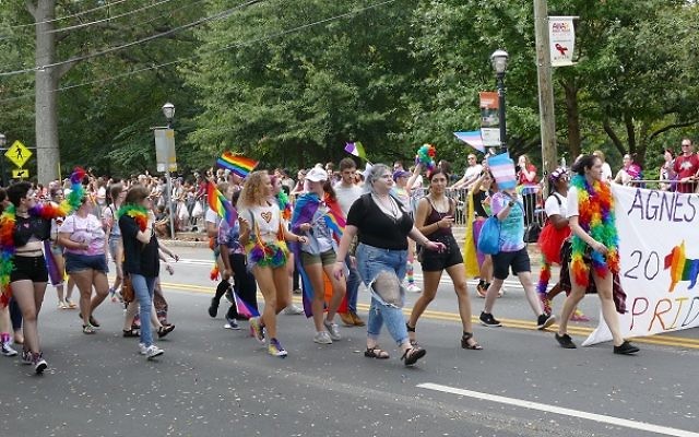 Students from Agnes Scott college march in the 2017 Atlanta Pride parade.