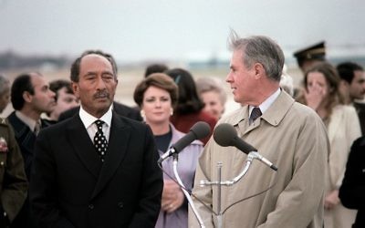 Secretary of State Cyrus Vance welcomes President Anwar Sadat of Egypt to the United States at Andrews Air Force Base in 1980.