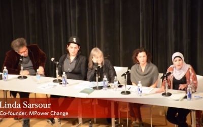 Linda Sarsour speaks during a panel discussion on anti-Semitism at the New College on Nov. 28. (Screen grab from Jacobin Magazine's video)
