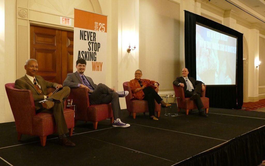 John Morrow Jr. (left) moderates a discussion about what Georgians knew during World War II among Derrick Angermeier, Alexis Scott and David Klevan (right), using news articles uncovered by volunteer historians including Jacqueline Morris from the Atlanta Jewish Times.