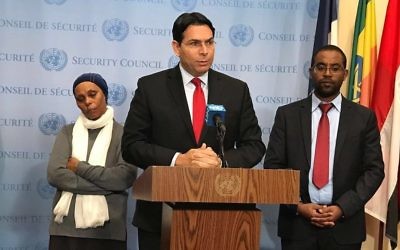 Danny Danon, Israel's ambassador to the United Nations. speaks Nov. 20 in support of the efforts of Agarnesh and Ilan Mengistu to win the freedom of Avera Mengistu.
