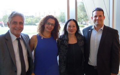 Arnold Heller (left) and Rena Kahn (second from right) welcome Ra’anana representatives Tamar Knimach and Roee Dinovich to Atlanta in September.