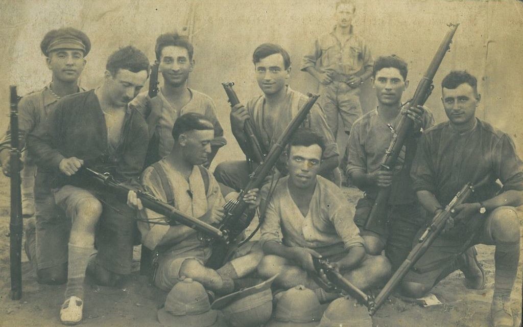Abe Simon (middle of the back row) and other members of the 39th Fusiliers take a break from the fighting at Megiddo in 1918.