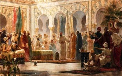 John of Gorze, the ambassador of Otto I, arrives at the court of Caliph Abd-ar-Rahman III, where Hasdai ibn Shaprut serves as a crucial go-between, in an 1885 painting by Dionisio Baixeras Verdaguer.