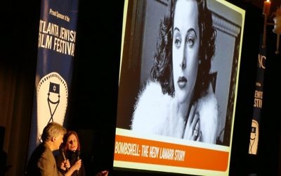 Matthew Bernstein and Genevieve McGillicuddy discuss the documentary "Bombshell: The Hedy Lamarr Story" at the 2018 AJFF launch party Jan. 4.