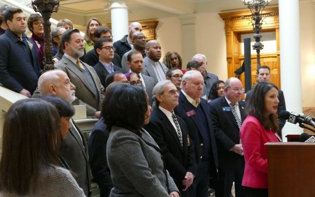 ADL Southeast Regional Director Allison Padilla-Goodman speaks about the need for a hate-crimes law in Georgia at the Capitol on Jan. 3.