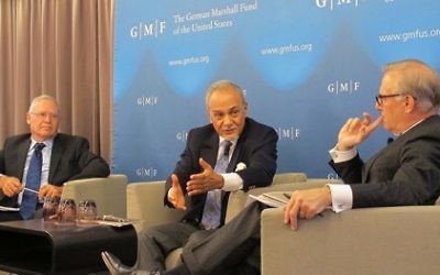Photo courtesy of the German Marshall Fund
(From left) Israeli Gen. Amos Yadlin, Saudi Prince Turki bin Faisal al-Saud and Washington Post columnist David Ignatius discuss “Israel and the Middle East: Seeking Common Ground” in May 2016.