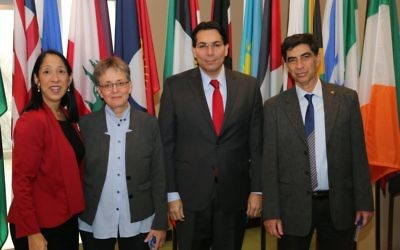Photo courtesy of Israeli Mission to United Nations
Leah Goldin (second from left) and Simcha Goldin (right), the parents of slain Israeli soldier Hadar Goldin, visit with Danny Danon, Israel’s U.N. ambassador, and Michele Sison, the United States’ deputy permanent representative to the United Nations.