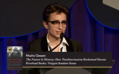 Masha Gessen accepts the 2017 National Book Award in November. (YouTube screen grab)