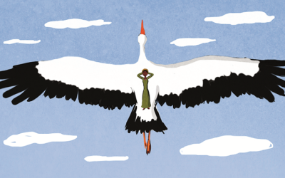 One of the beautiful images from "Shimala" is a dream of flying to Israel from Ethiopia on the back of a stork.