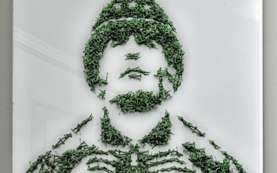 Dan Cohen, Flora Rosefsky’s son-in-law, composed this collage of Gen. George Patton from plastic toy soldiers. (Photo by Duane Stork)