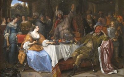 Jan Steen's "Esther, Ahasuerus, and Haman" from 1668 reflects the uncertainty of Purim.