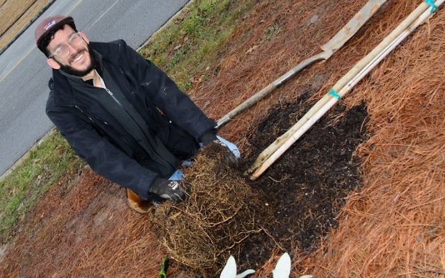 Gabe Monett prepares the rich soil for a young tree.