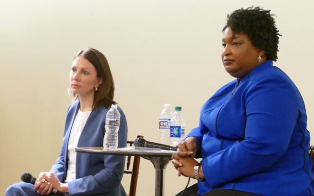 Stacey Evans and Stacey Abrams take questions from potential Jewish Democratic voters Feb. 22.