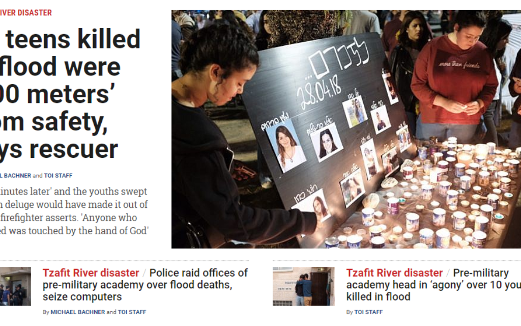 Get full coverage of the Tzafit River disaster from our partners at The Times of Israel at www.timesofisrael.com/topic/tzafit-river-disaster. (Screen grab from The Times of Israel)