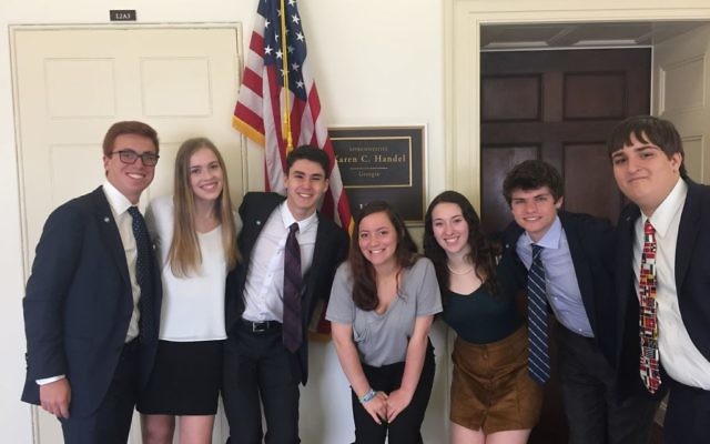 Leaders for Tomorrow 2017-18 members (from left) Max Ripans, Olivia Frank, Tate Foster, Rayna Fladell, Lian Kleinman, Jack Tresh and Nathan Posner visit Capitol Hill.