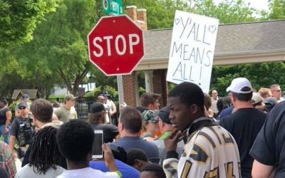 Protesters show that they don't want Nazis in Newnan on Saturday, April 21. (Photo via Eternal-Life Hemshech's Facebook page)