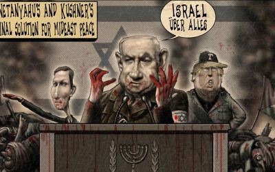 Even given editorial cartoonists’ use of exaggeration for effect, how can anyone think this is a reasonable response to what happened on the Gaza-Israel border? (Cartoon by Sean Delonas, Cagle Cartoons)