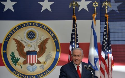 Israeli Prime Minister Benjamin Netanyahu speaks at the opening of the U.S. Embassy in Jerusalem. (Photo by Kobi Gideon, Government Press Office)