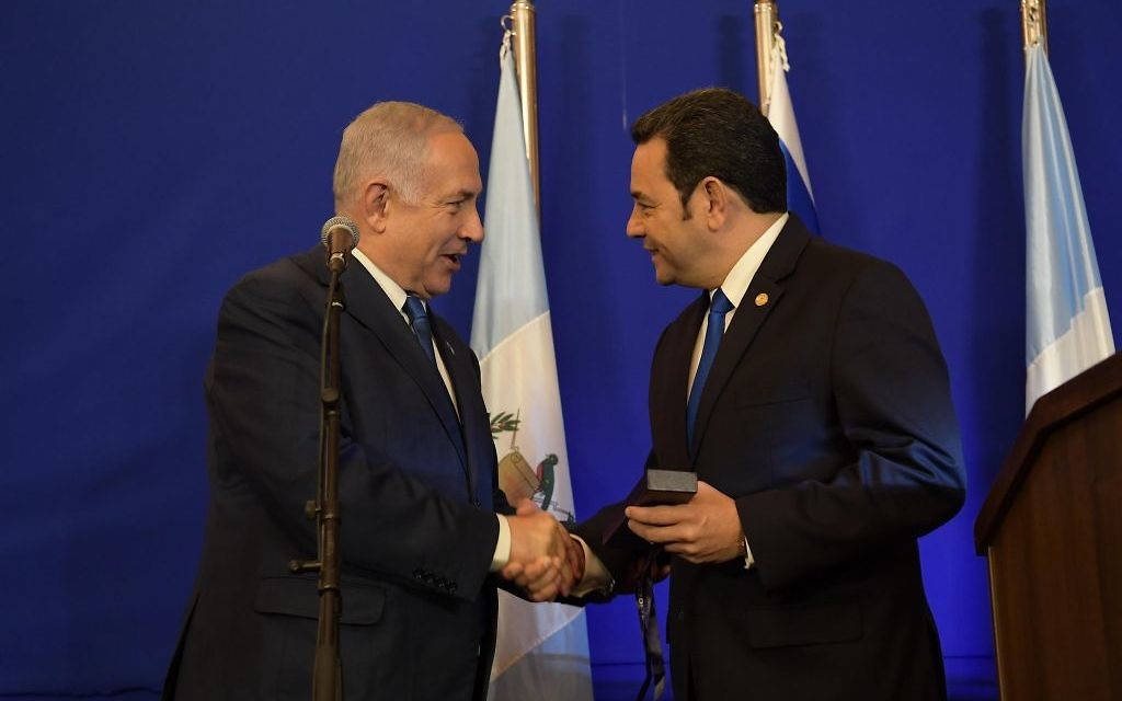 Meanwhile, Guatemala has opened its embassy in Jerusalem, an occasion that brings Israeli Prime Minister Benjamin Netanyahu and Guatemalan President Jimmy Morales together on Wednesday, May 16. (Photo by Amos Ben-Gershom, Israeli Government Press Office)
