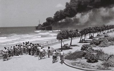 June 22, 1948, the ship Altalena burns after being shelled near Tel Aviv. (photo credit: Israel Government Press Office)