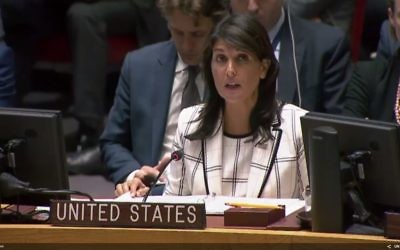 Nikki Haley, the U.S. ambassador to the United Nations, criticizes her colleagues' refusal to label Hamas as a terrorist organization at a U.N. Security Council debate May 30. (U.N. live-stream screen grab)