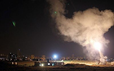 Iron Dome system intercepts Gaza rockets aimed at the city Ashdod, 8 July 2014.