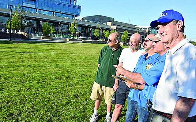 Inspecting City Green at City Springs, the new site of the Atlanta Kosher BBQ Festival, are (from left) Harry Lutz, Les Kraitzick, Dan Frankel, Jody Pollack and David Joss of the Hebrew Order of David International.